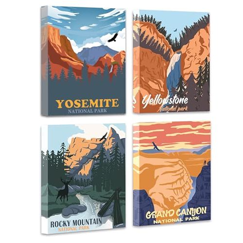 Vintage National Park Wall Art | National Park Painting Wall Decor, Natural Art Mountain Abstract Paint(8"x10"-4pcs Framed)