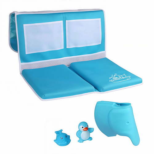 DUNCHATY Collapsible Bathtub Kneeler Pad & Baby Bath Faucet Cover Set - Non-Slip Knee With Toy Oragnizer & Elbow Saver with Silicone Spout Protector for Baby Bath Safety, with 2 Small Toys, Blue