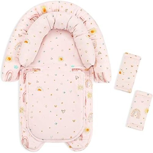 2-in-1 Infant Car Seat Insert, Upgraded Newborn Carseat Insert, Breathable & Soft Baby Car Seat Head Support with 2 Strap Covers for Girls, Perfect for Carseat, Stroller, Swing, Pink