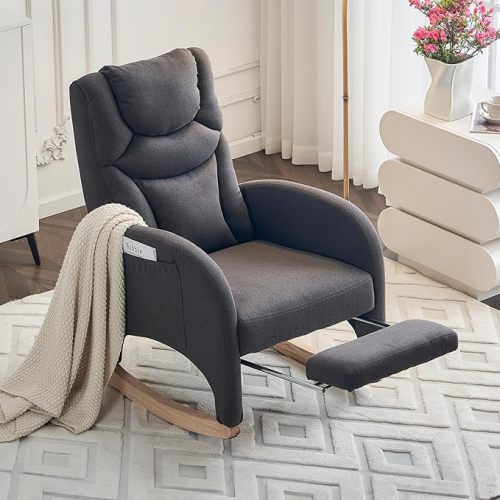 Rocking Chair Nursery, Modern Glider Chair with Adjustable Footrest and Solid Wood Legs, High Backrest Nursery Chair with Side Pocket, Rocker Armchair for Living Room Bedroom, Cotton Linen Dark Gray