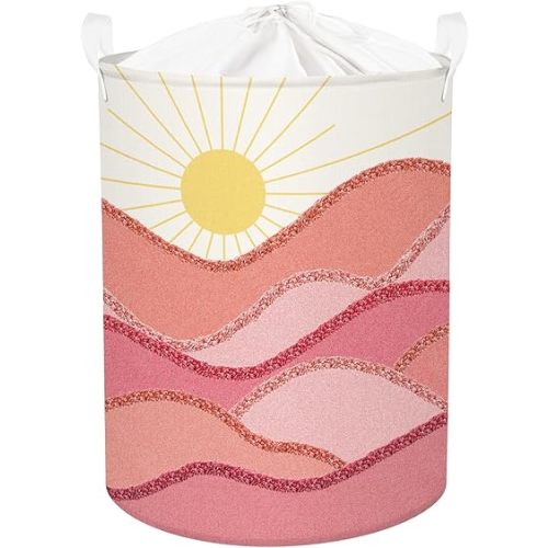 Clastyle Boho Girl Laundry Basket with Drawstring Holiday Waves Sun Dirty Clothes Pink Hamper Collapsible Toys Basket for Kid Room Nursery