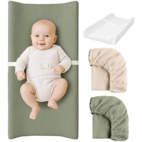 Konssy Baby Changing Pad Set with Waterproof Lining & 2 Pack Muslin Covers