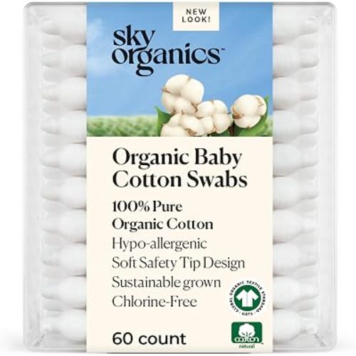 Sky Organics Organic Baby Cotton Swabs 60ct, Baby Safe Tips, Chlorine-Free