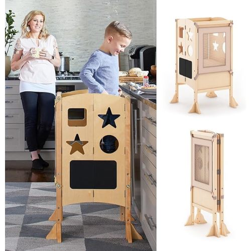 Guidecraft Classic Kitchen Helper - Natural: Adjustable Height, Folding Step Stool For Little Kids, Toddler Safety Cooking Tower with Write-on Wipe-off Message Boards. Kids Learning Furniture