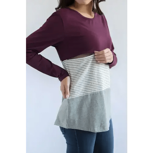 Long Sleeve Cotton Nursing Top- 3 Block- Wine