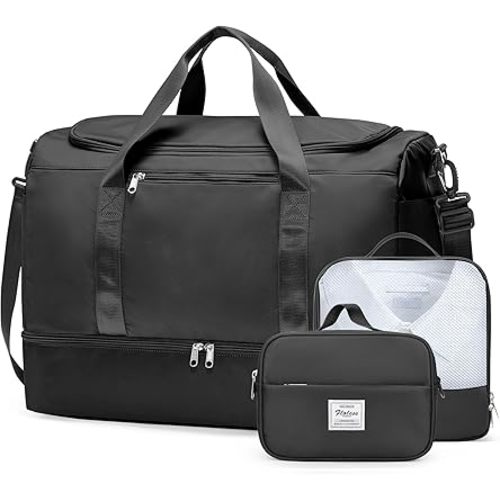 Extra Large Travel Duffle Bag,Carry on Overnight Weekend Bag with Shoes Compartment,Weekender Bags for Women for Travel Business Trips Sport Hospital,3 Pcs Set,Black