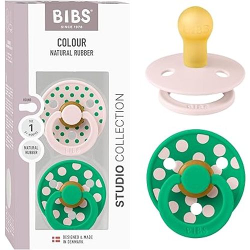 BIBS Polka Dots Pacifier 2-Pack, BPA Free Pacifiers with a Round Latex Nipple, Made in Scandinavia, Size 1 (0-6 Months), Petal/Cactus