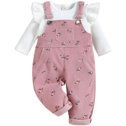 Newborn Baby Girl Clothes 2 Pcs Long Sleeve Ruffle Tops and Suspender Pants Outfits Sets