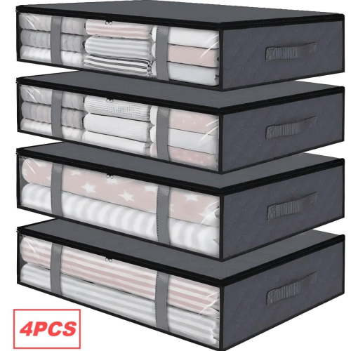 TVTUTPWY 4 Pack 45L Closet Organizers and Under Bed Storage Bags, Foldable and Visible Underbed Storage Containers with Reinforced Handles, Storage Bins for Blanket, Clothing, Comforter, Toys (Grey)