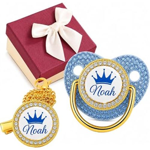 Personalized Pacifier Set with Name, Custom Baby Pacifier Clip Set, Baby Essentials for Boys Girls (Blue)