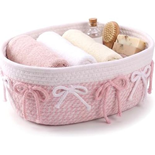 Pink Storage Bins - Pink Basket For Gifts, Coquette Cute Woven Organizer Bins, Bow Room Decor, Cute Storage Basket, Coquette Laundry Bin For Organizing, Bow Bathroom Toy Shelf Organizer