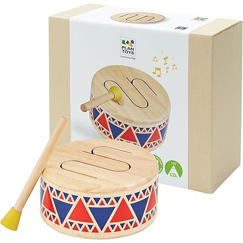 PlanToys® Solid Drum Wooden Musical Toy for Toddlers | Pretend Play Instrument for Kids | Eco-Friendly Percussion Toy for Coordination, Creativity & Early Learning Development