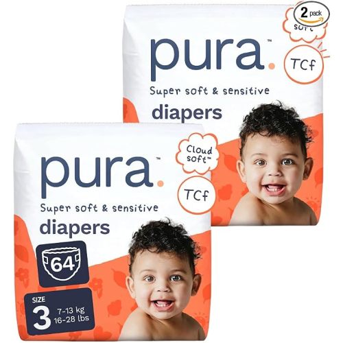 Pura Baby Diapers Size 3-64 Count, 16-28lbs, 12hr Leak Protection, Soft & Gentle Diapers for Hypoallergenic & Sensitive Baby Skin, Toxin-Free*, Organic Cotton, Blowout Blocker™, New Size Guide