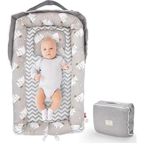 Baby Lounger, Portable Infant Lounger Pillow for Newborn, Adjustable Size Baby Nest Cosleeping for Infant 0-12 Months in Bed - Elephant Ash