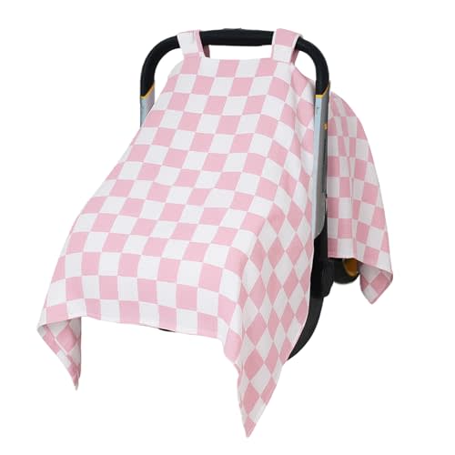 solTourne Muslin Car Seat Cover for Babies - Pink & White Plaid Infant Carrier Canopy, Soft & Breathable Baby Carseat Cover, Lightweight Sunshade for Summer, Universal Fit for Boys & Girls