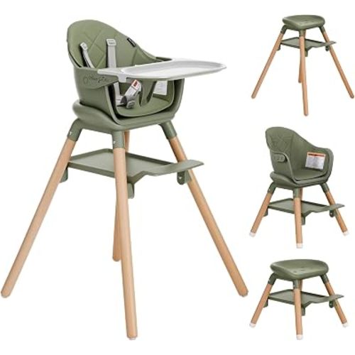Dream On Me NibbleNest 6-in-1 Wooden High Chair, Removable Tray, Dark Green