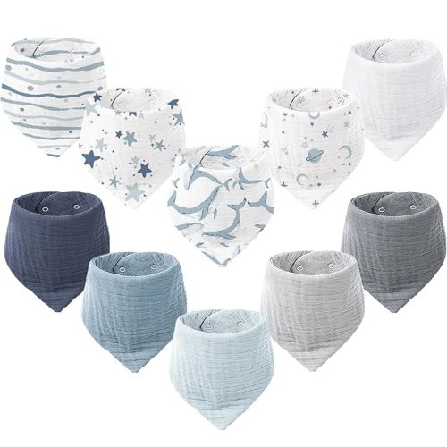 Konssy Muslin Baby Bibs 10 Pack Baby Bandana Drool Bibs 100% Cotton for Unisex Boys and Girls, Soft Absorbent Set for Teething and Drooling
