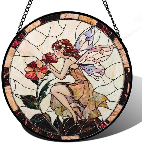Stained Glass Window Hanging - Butterfly Fairy Flower Suncatcher for Door Terrace Garden Home Decor Pink Floral Plant Sun Catcher Birthday Gifts for Lovers Women Men Dad Mom Nana 7.8 in