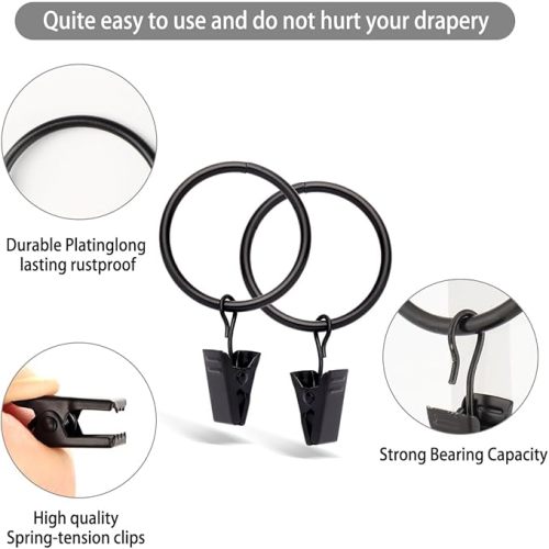 40 Pack Rings Curtain Clips Rustproof Metal Window Drapery Decorative Clips Vintage Heavy Duty Eyelet Curtain Rods Hangers Rings with Hooks, 1.25In Inner Diameter (Black-Non Open)