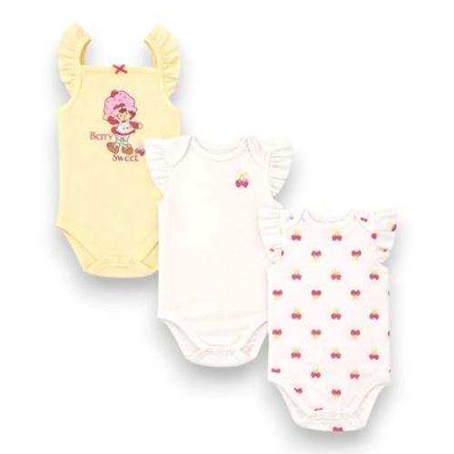 Strawberry Shortcake Infant Girls' 3-Piece Soft Cute Flutter Bodysuit Set, Yellow/White, 12 Months