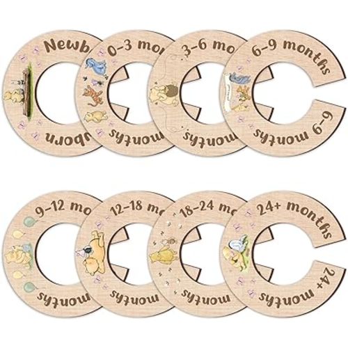 8Pcs the Pooh Baby Closet Dividers for Newborn, Winnie Baby Nursery Decor Hanger, Wooden Baby Clothes Organizer, Double-Sided Round Closet Dividers Decor Supplies