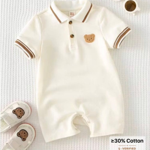 Cozy Pixies Baby Boy Cartoon Bear Short Sleeve Polo Romper,White Summer Cute Family Matching Newborn Cotton Casual Retro Outfit Versatile Comfortable Clothing | SHEIN USA