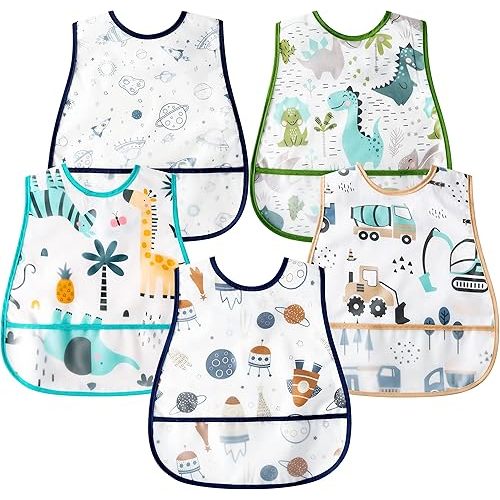 R HORSE 5Pcs Baby Bibs Set Toddler Bibs with Crumb Catcher Pocket & Snap Button Waterproof Baby Feeding Bibs for 6-24 Months