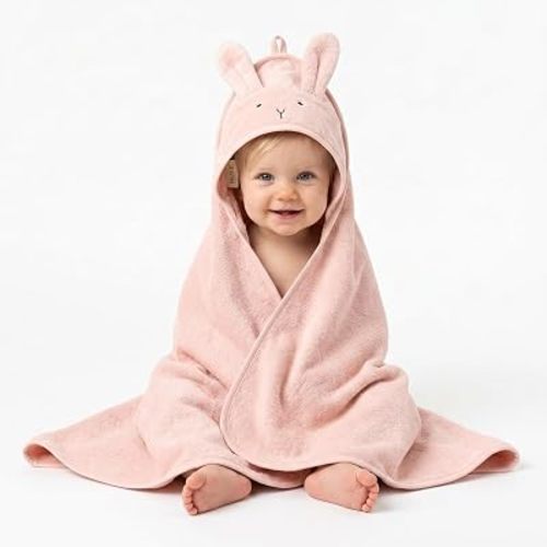 Hooded Baby Towel – 100% Organic Cotton Baby Bath Towels – Baby Girl Newborn Essentials - Super-Soft and Absorbent. (Rabbit - Blush)
