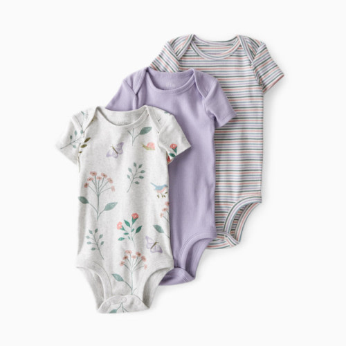 Little Planet 3-Pack Organic Cotton Rib Bodysuits - Botanical Butterfly, Striped, Lilac