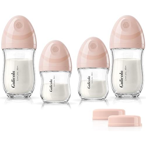Gulicola Natural Glass Baby Bottles Set 4 Pack, Newborn Girl Breastfeeding Bottles with Slow Flow Nipples, 0 Months+, 3 oz & 5 oz - Pink