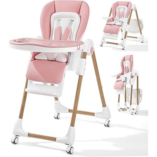 Mallify Foldable High Chairs for Babies and Toddlers, 3-in-1 Convertible Baby High Chair with Removable Soft Cushion and Tray, Adjustable Height & Recline, Lockable Wheels, Pink