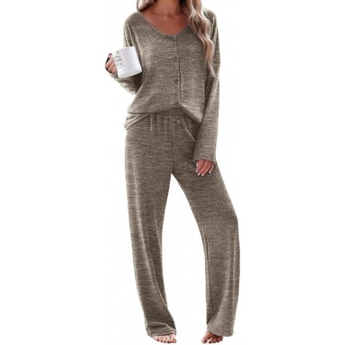 Ekouaer Womens Pajama Sets Button Up Long Sleeve Lounge Set Soft V Neck Pj