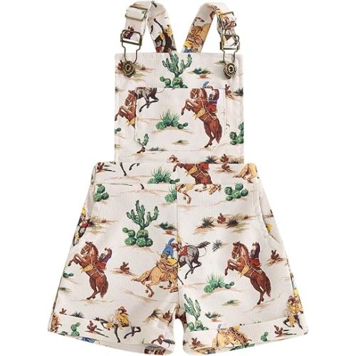 Toddler Baby Girl Western Overalls Horse Cow Print Corduroy Romper Suspender Jumpsuit Shorts Country Cowgirl Outfit
