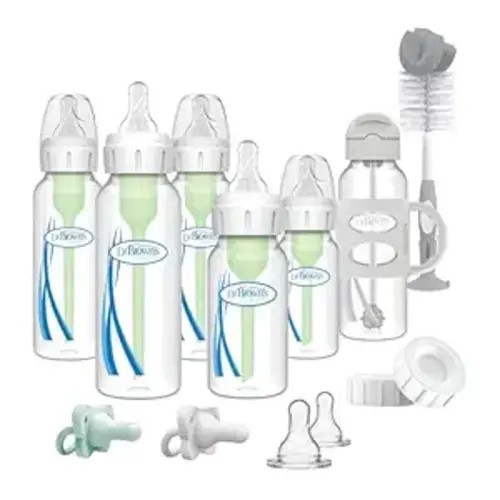 Dr. Brown's Anti-Colic Options+ Narrow Bottle Gift Set with Sippy Straw Bottle, HappyPaci Silicone Pacifiers, Storage/Travel Caps, and Bottle Brush, Green/Gray