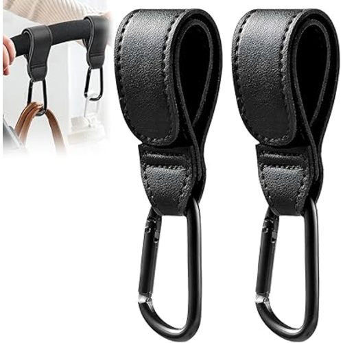 2 Pcs Baby Bag Clips, Leather Buggy Clips Multipurpose Hooks Pram Clips, Pushchair Clips Baby Stroller Hooks with Sturdy Carabiner and Strong Magic Adhesive for Hanging Shopping Handbag Changing Bag