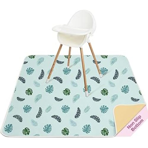 Basumee Splat Mat High Chair Mat Waterproof Baby Play Splat Mat for Under High Chair Food Catcher Highchair Mat for Floor Non Slip Bottom, Blue Leaves, 46x42 Inches