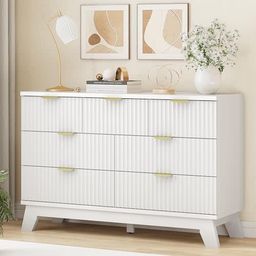 Fluted Dresser for Bedroom with 7 Drawers, 48" Wide Modern Chest of Drawers with Metal Handle, Wooden Dresser TV Stand, Wood Closet Clothes Storage Organizer for Living Room, Hallway, White
