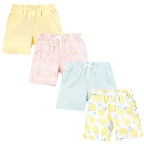 Hudson Baby Infant Girls Shorts Bottoms 4-Pack, Lemon Daisy, 0-3 Months