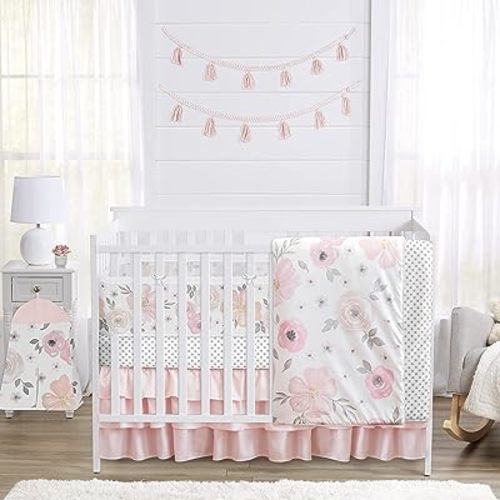 Sweet Jojo Designs 6-Piece Baby Crib Bedding Set (Pink/Grey Boho Floral) for Girls, Infants/Nursery incl. Blanket, Fitted Sheet, Skirt, BreathableBaby Breathable Mesh Crib Liner (Watercolor Polka Dot)
