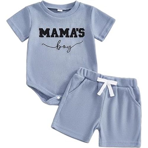Kupretty Baby Boy Clothes 3 6 12 18 Months Summer Outfit Daddy's Mini Embroidery Waffle Short Sleeve Romper & Shorts Set
