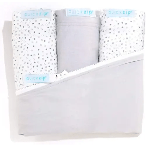 QuickZip Crib Sheet Set - Faster, Safer, Easier Baby Crib Sheets - Includes Gray Wraparound Base & 3 Zip-On Sheets - 2 Gray Dot Cotton, 1 Gray Cotton - Fits All Standard Crib Mattresses