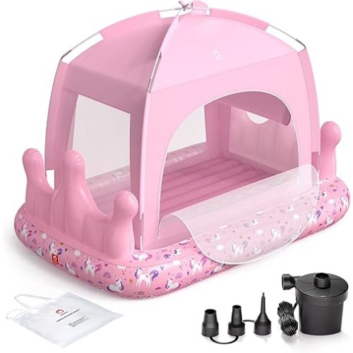 QPAU Princess Inflatable Toddler Bed with Tent, Blow Up Toddler Travel Bed with Sides, Portable Kids Air Mattress for Girls, Ideal for Home, Grandma’s, Camping & Sleepovers – Includes Electric Pump