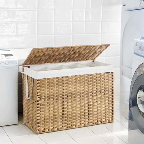LEDREM 200L Double Laundry Hamper with Lid, 4 Sections & 6 Mesh Bags, Wicker Design, Removable Liners, for Bathroom/Bedroom, Natural