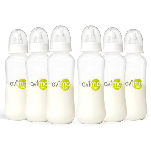 Avima 10 oz Anti Colic Baby Bottles w Medium Flow Nipples. 4-7M (Set of 6) | Narrow Neck Bottle with Stage 2 Silicone Nipples