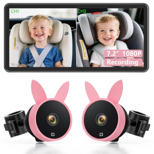 Babyvue BV3 MAX Dual Baby Car Camera for 2 Kids, 7.2" Split Screen Display | HD 1080P Monitor with Video Recording, Auto IR Night Vision and Adjustable Brightness Easy Setup for Rear-facing Carset
