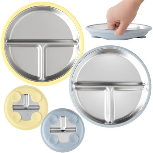 Stainless Steel Toddler Plate with Suction Set of 2, 8” Divided Plates with Removable Silicone Sleeves for Kids, Non Toxic & BPA Free | Non Slip | Unbreakable Baby Dishes, (Butter Yellow & Baby Blue)