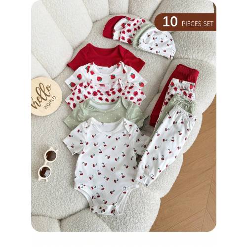 15-Piece Set Of Newborn Baby Girl Summer Cute Knitted Cherry And Strawberry Pattern Short-Sleeved Bodysuit, Pants, Hat, Gloves, And More. | SHEIN USA
