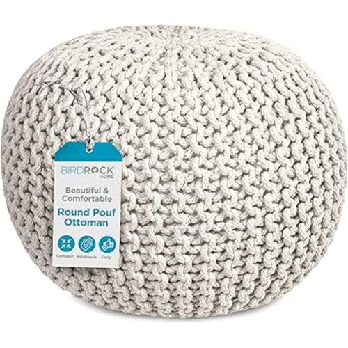 BIRDROCK HOME Round Pouf Ottoman | Cotton Braided Foot Stool with Bean Bag Filling | Boho Foot Rest for Living Room & Bedroom | Compact & Comfortable Seating, Lightweight & Soft | Natural