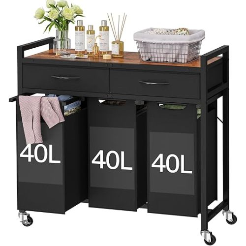 Laundry Sorter 3 Section, 120L Rolling Laundry Basket Organizer, Laundry Hamper with 2 Drawers & 2-tone top panel, Pull-Out Removable Oxford Fabric Bags for Laundry Room 31.5" x 12.6" x 31.3"