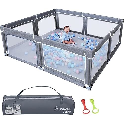 Todale Baby Playpen - 79 x 70 in, Gray - Foldable & Collapsible Playpen Yard with Mesh Panels & Safety Gate - Adjustable Extra Large Play Area for Babies & Toddlers